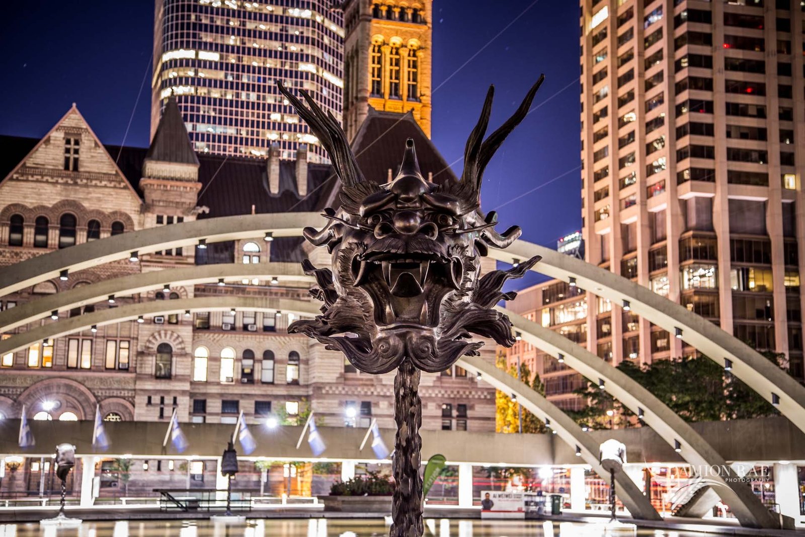 Ai Weiwei sculpture Circle of Animals/Zodiac Heads at Nathan Phillip Square at Night