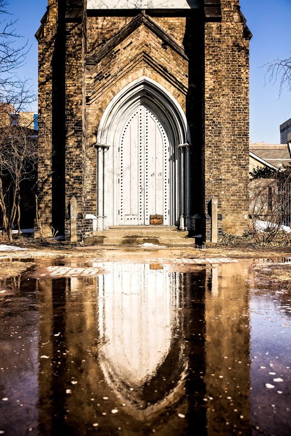 Toronto black and white Church Reflection Saint George the Martyr Anglican Church